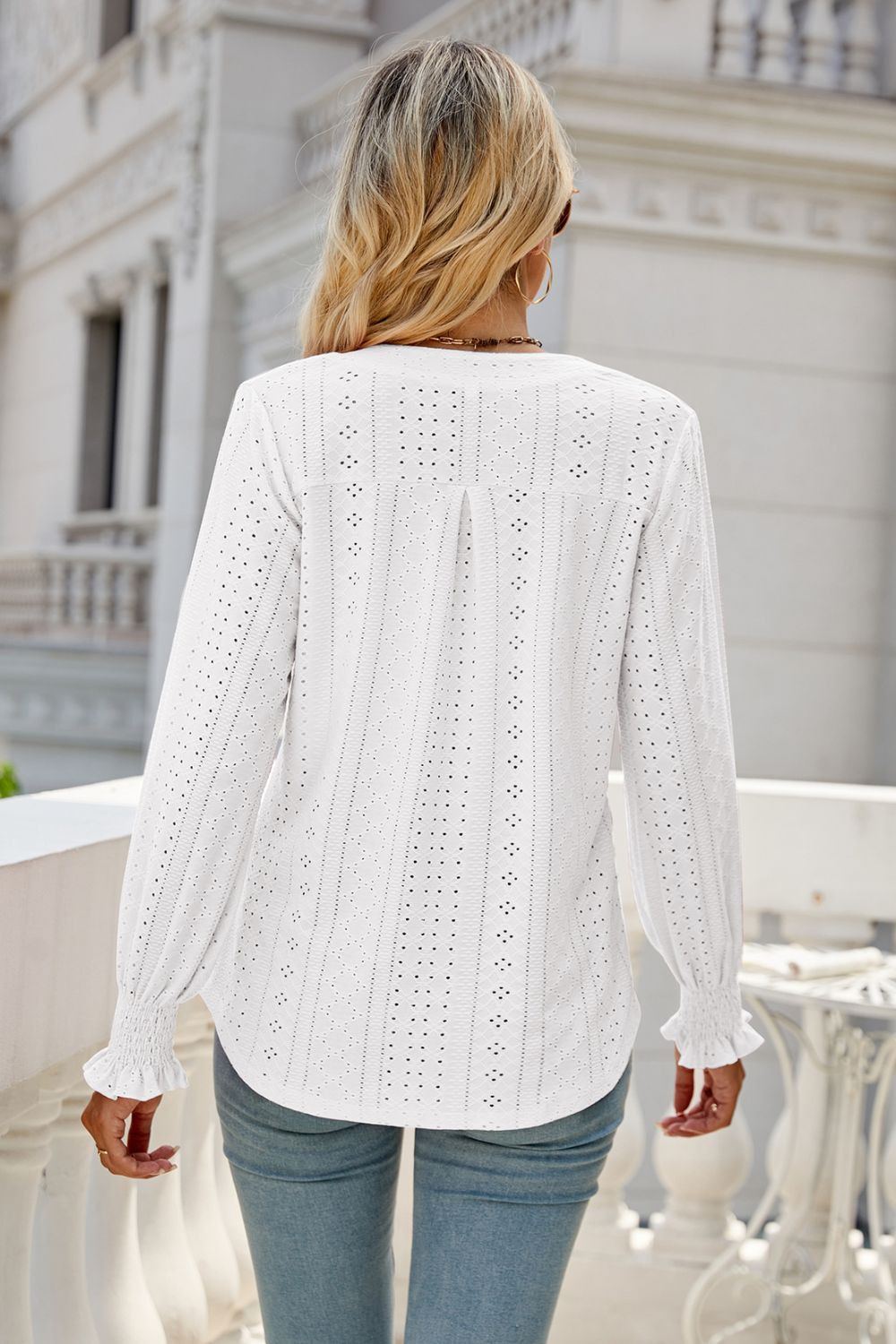 Notched Flounce Sleeve Eyelet Top