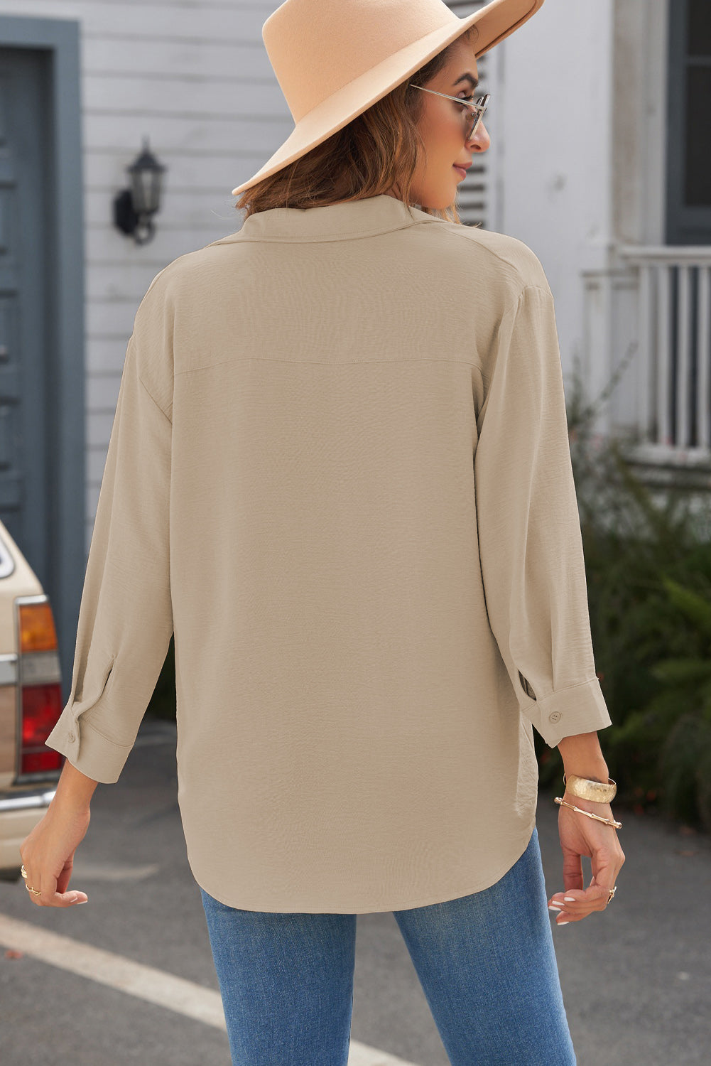 Textured Johnny Collar Three-Quarter Sleeve Blouse