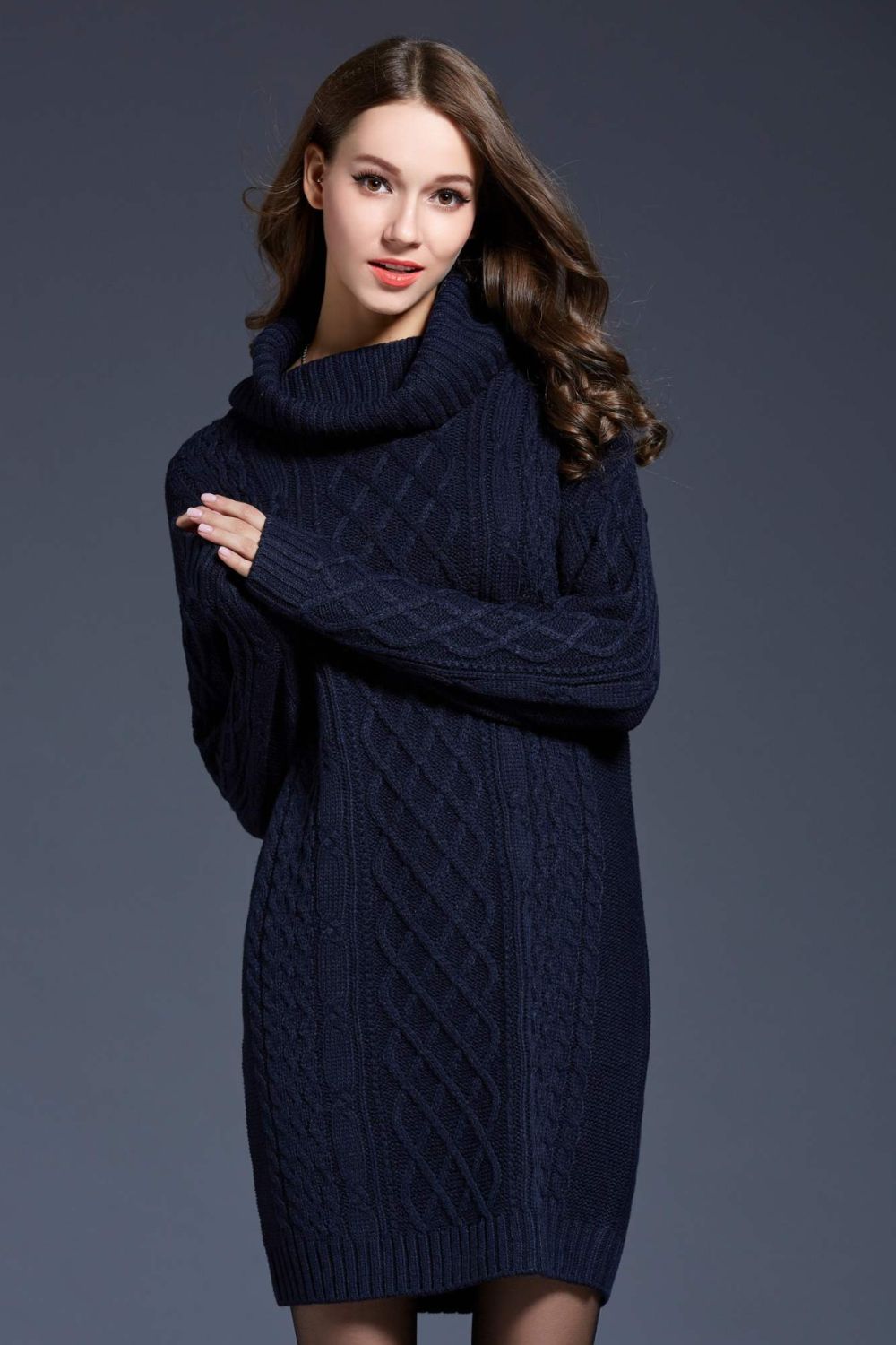 Full Size Mixed Knit Cowl Neck Dropped Shoulder Sweater Dress