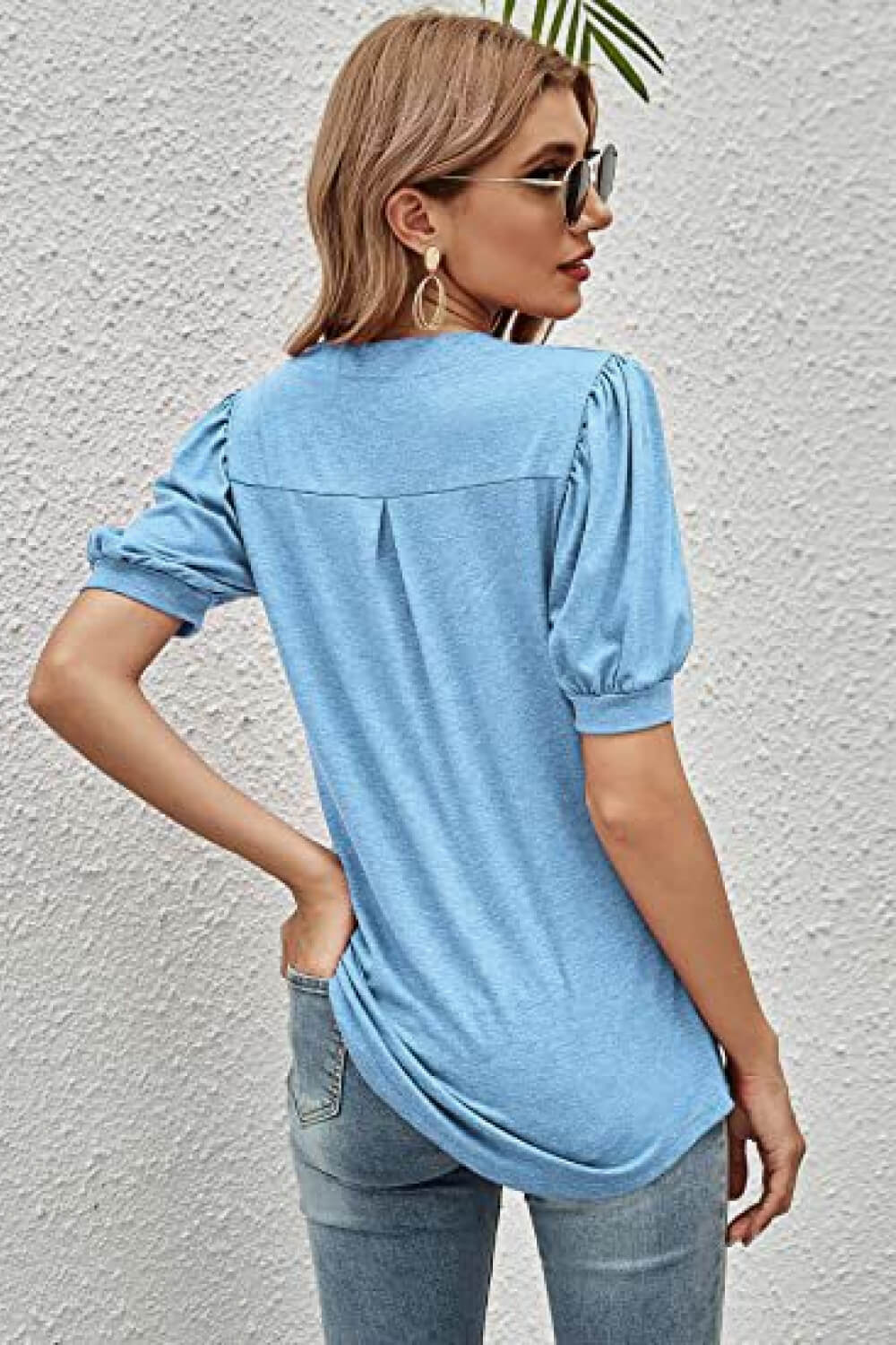 Notched Neck Puff Sleeve Tee