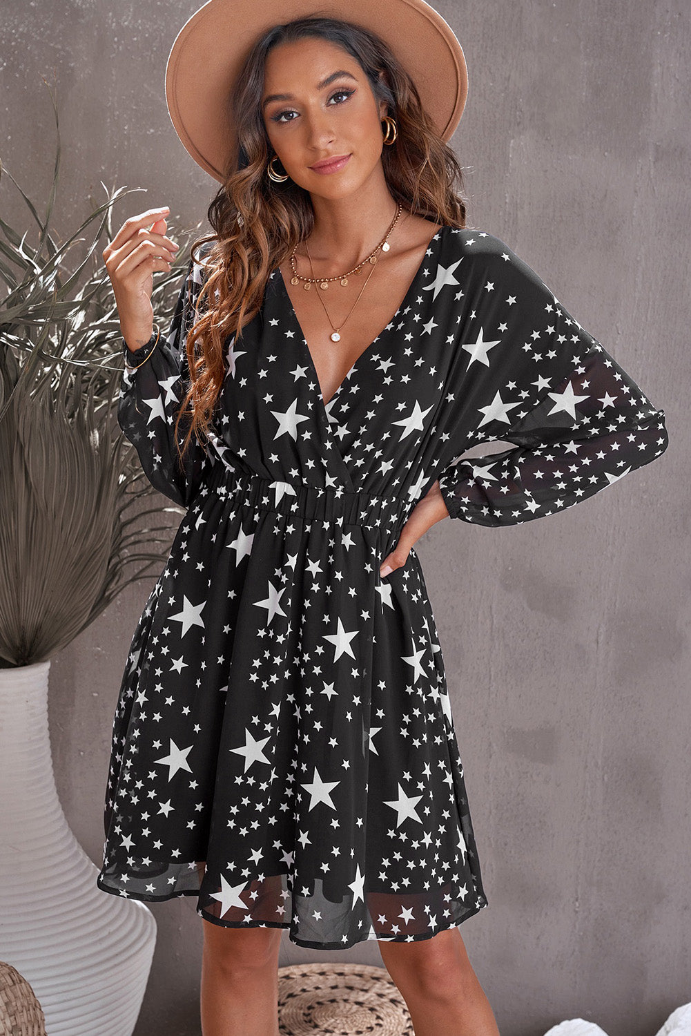 Star Print Dropped Shoulder Surplice Dress