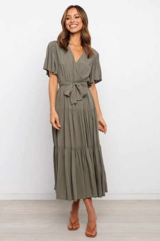 Women'sSolid v-neck short sleeve bohemian midi dress