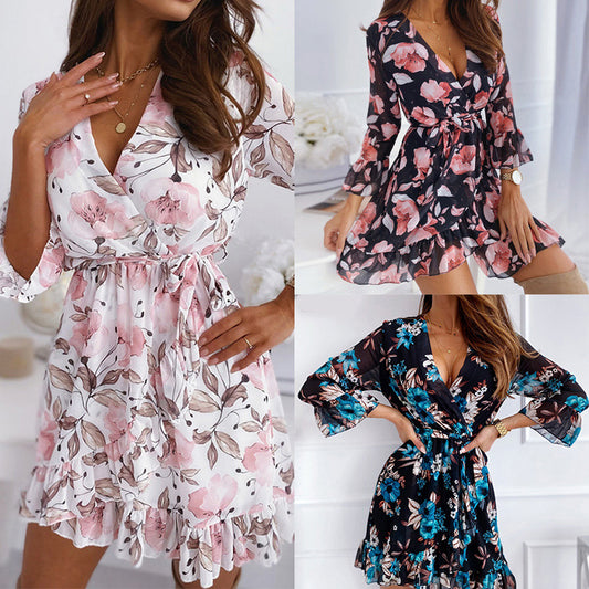 V-neck print lace up casual Lantern Sleeve Ruffle short dress