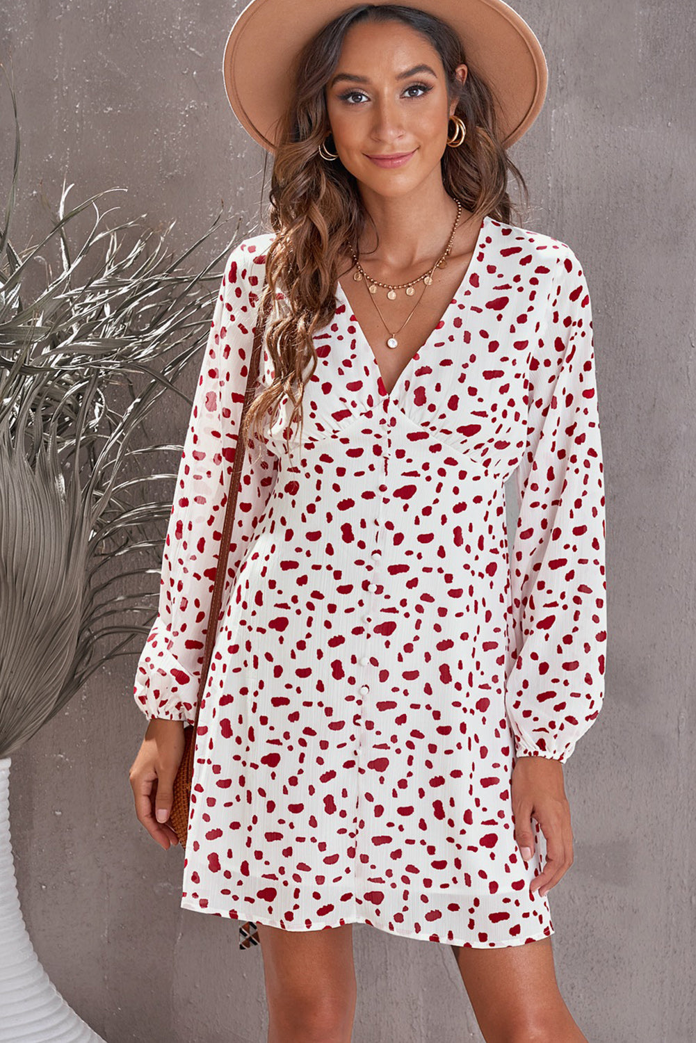 Printed Decorative Button Plunge Dress