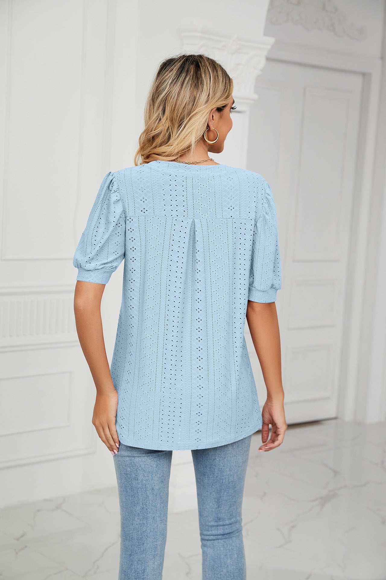 Eyelet Short Puff Sleeve Notched Neck Top