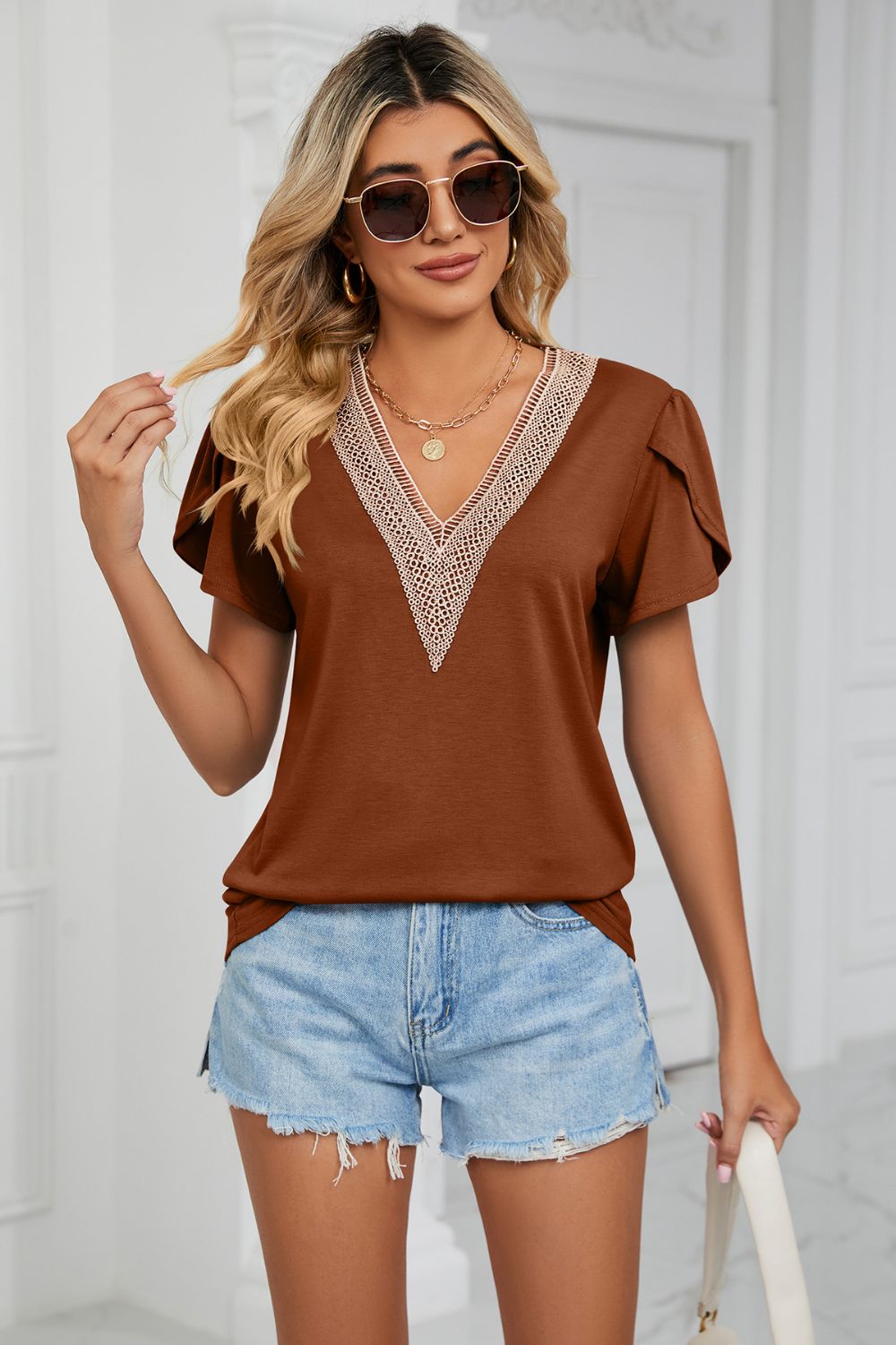 Contrast Trim Petal Sleeve V-Neck Top