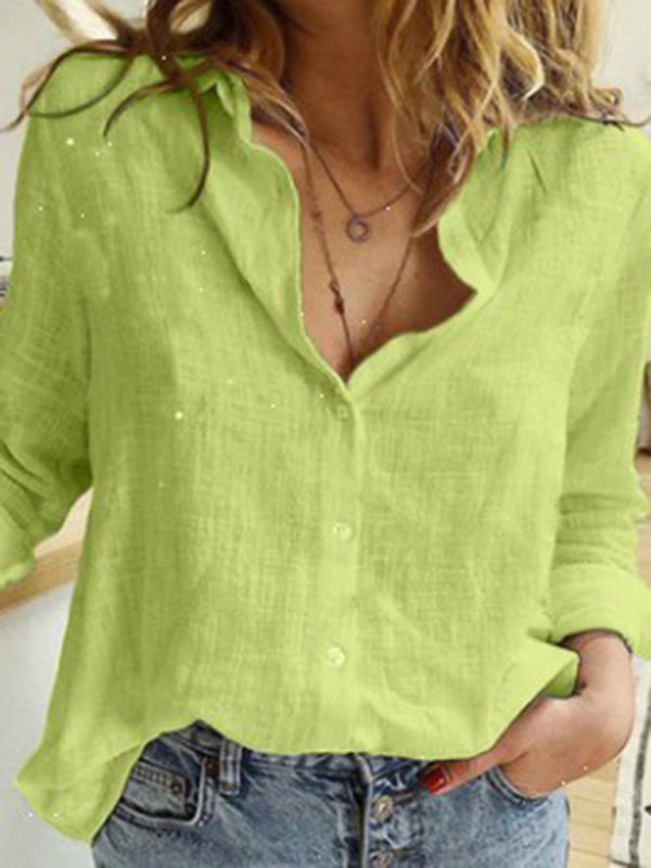Women's Solid Color Casual Loose Long Sleeve Linen Shirt