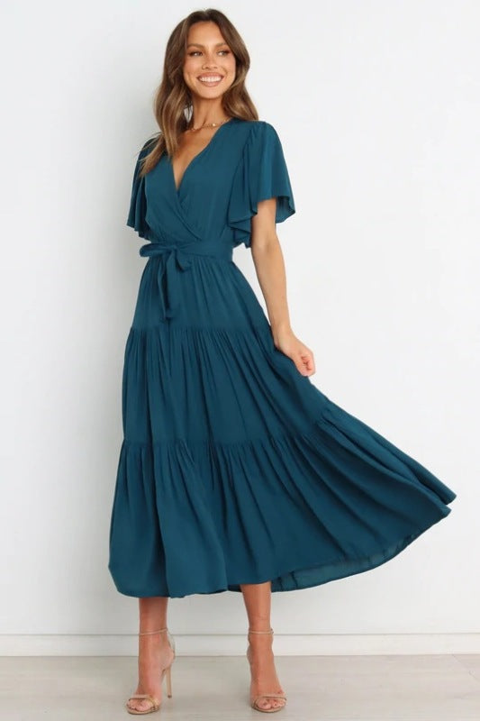 Women'sSolid v-neck short sleeve bohemian midi dress